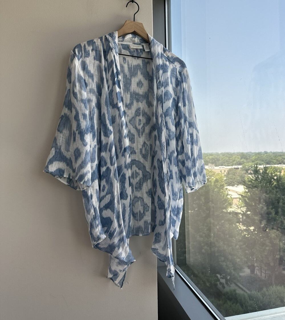 Chico's Blue White Ikat Linen Open Front Sheer Lightweight Cardigan 3/4 Sz 2